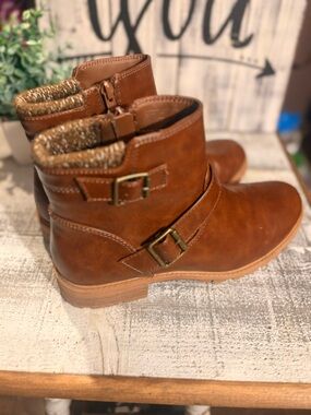 Brown Faux Leather Ankle Boots with Buckles
